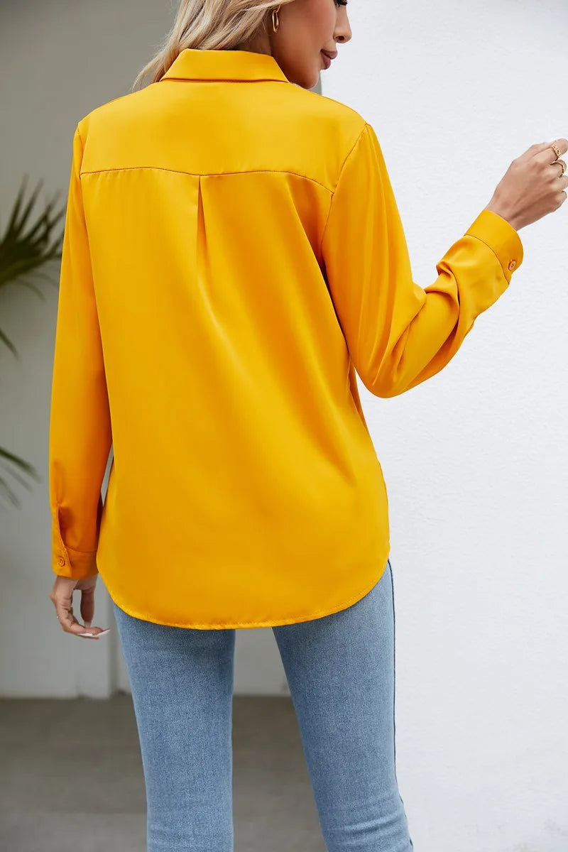 Casual Chiffon Blouse Tops Spring Summer V Neck Long Sleeve Hide Button Loose OL Workwear Business Blouse Shirts ARJ-004