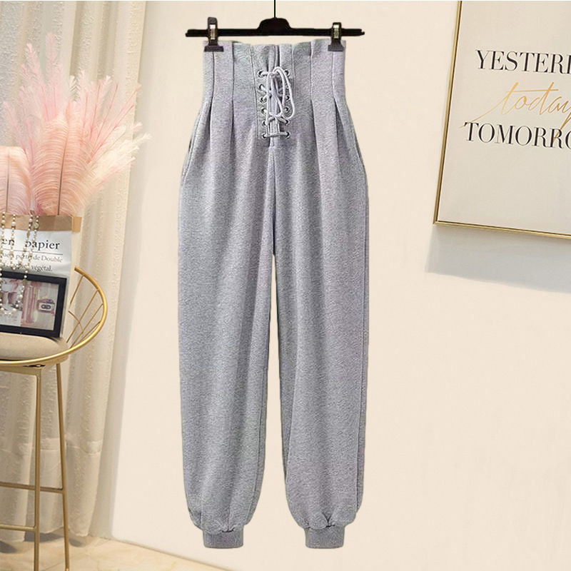 Korean Popular Autumn New Long Sleeve T-shirt High Waist Lace Casual Harun Trousers Two Piece Elegant Women's Pants Set