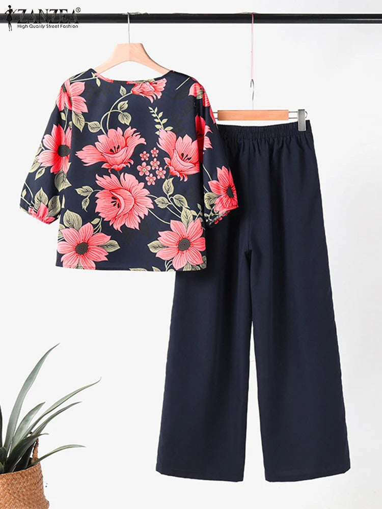 ZANZEA Elegant Holiday Pant Sets Women Vintage Floral Print Square Collar Blouse 2pcs Outfits Casual Solid Trousers Tracksuits