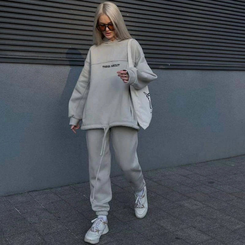 2024 New Women's Casual Fashion Print Suit Solid Color Thickened Warm Hooded Top Elastic Sports Pants Female's Two Piece Set