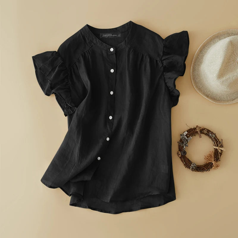 ZANZEA Women Sweety Blouse 2024 Summer White Ruffle Short Sleeve Tops Shirt Stand Collar Female Party Tunic Luxury Chic Blusas