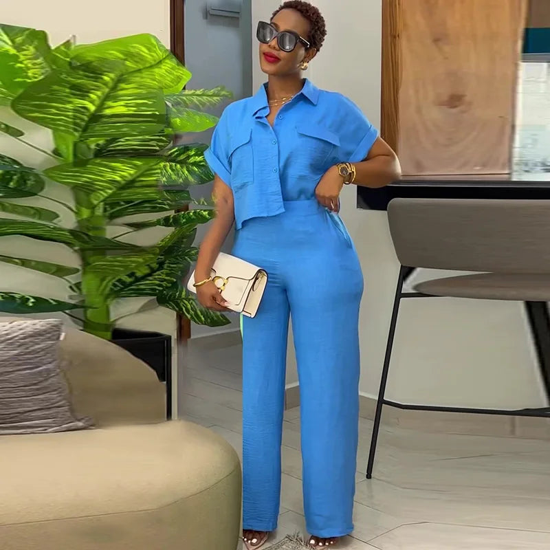 Women's Two Piece Sets Spring Summer Casual Solid Turn-down Neck Short Sleeve Loose Top & Wide Leg Pants Set Streetwear Outfits