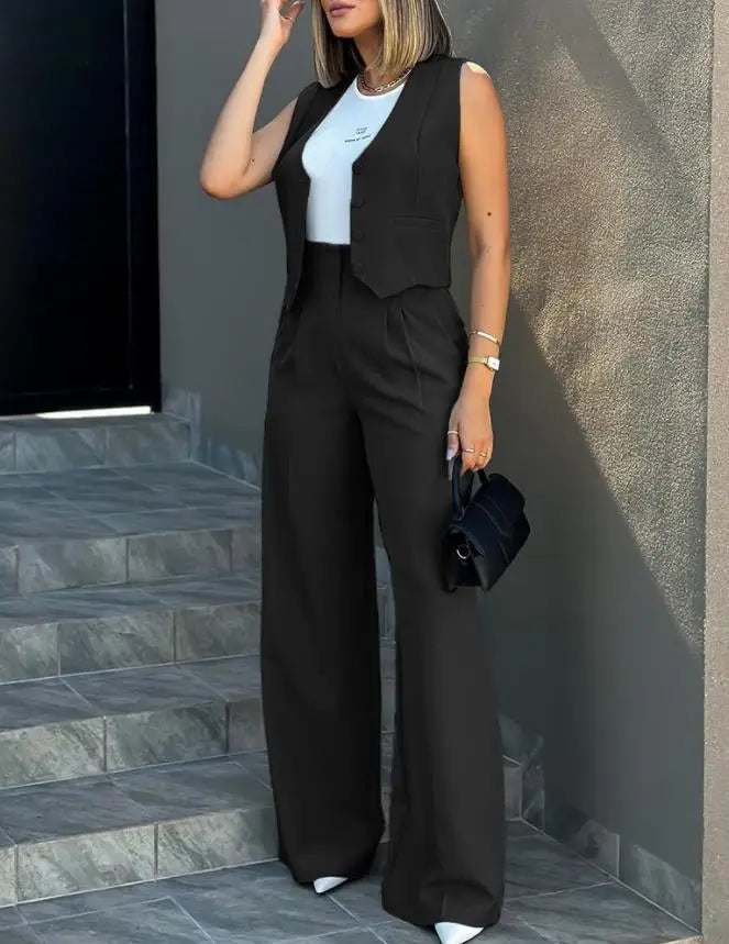 New 2024 Women's Summer Casual 2PCS Pants Sets Solid Vest +Pants Sets Elegant High Waist Wide Leg Outfits Women Matching Sets