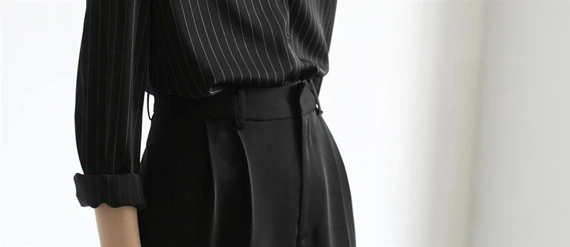 MEXZT Vintage Black Striped Shirts Women Office Long Sleeve Loose Casual Blouses Lady Korean Fashion Elegant Chic All Match Tops