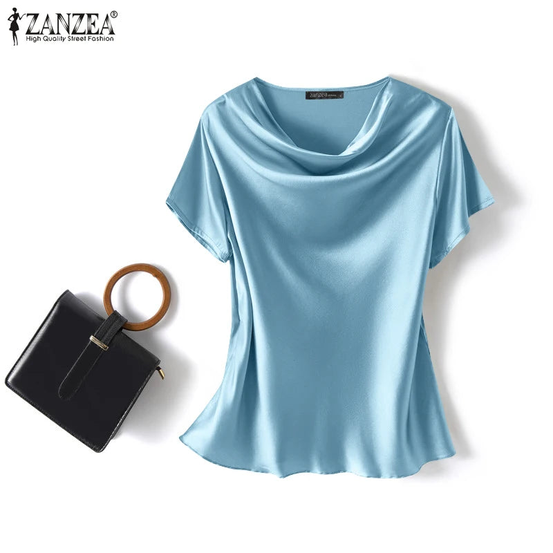 ZANZEA Women Short Sleeve Solid Shirt Summer Fashion Satin Blouse Female Casual OL Work Tunic Tops Elegant Loose Blsuas Oversize