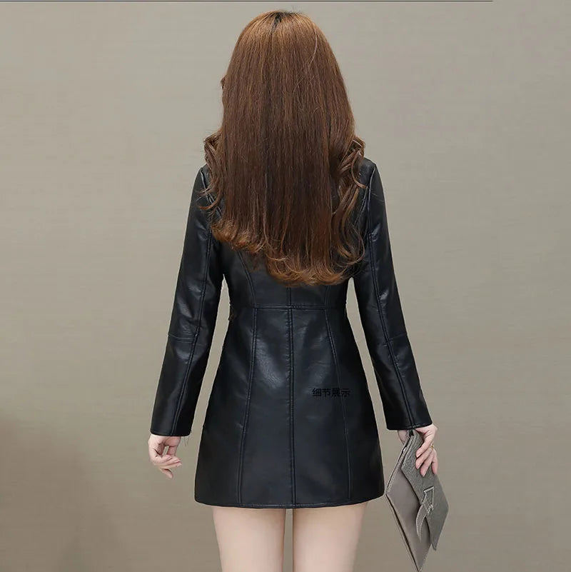 Womens Leather Windbreaker Plus Velvet Thick PU Leather Cotton Coat Long Suit Collar Large Size Fashion Warm Leather Jackets