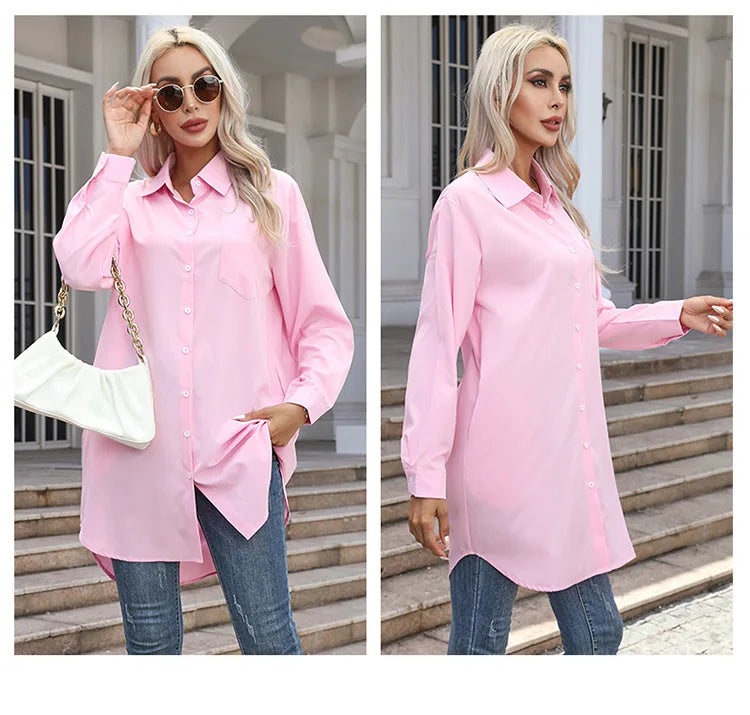 Long Shirt Women 2023 Vintage Pocket Shirts &Blouses Oversized Long Sleeve Blouse Fashion Women's Clothing Button Up Womens Tops