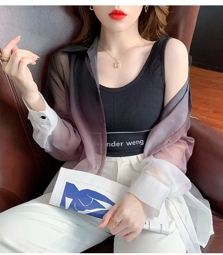 Shirts Women Gradient Loose Leisure Summer Sunscreen Lapel Thin Soft Designed Breathable Korean Fashion Clothing Office Lady New