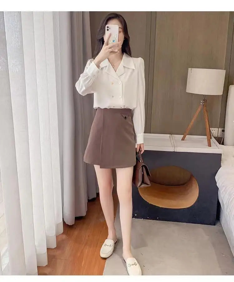 Double Breasted French Turn Down Collar Long-sleeve Solid Top Office Lady Shirt And Blouses Casual Woman Clothing Simple Elegant