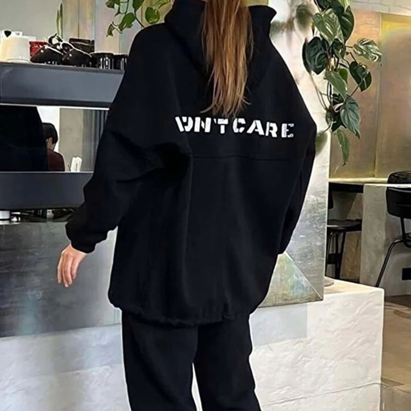 2024 New Women's Casual Fashion Print Suit Solid Color Thickened Warm Hooded Top Elastic Sports Pants Female's Two Piece Set