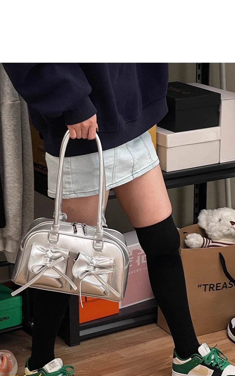 Xiuya Silver Pleated Womens Shoulder Bag Elegant Gentle Korean Fashion Leather Handbag Bow Sweet New Simple Ladies Boston Bag