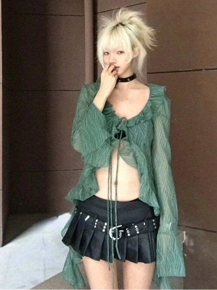 Japanese Y2k Lace Shirt Vintage 2000s Style Ruffles Blouses Grunge Aesthetics Irregular Green Shirts Retro 90s Sexy Cardigan