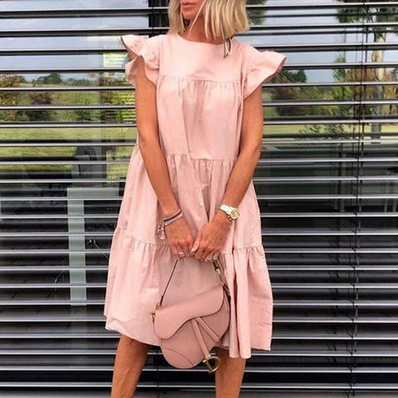 Women Ruff Sundress Elegant Casual Party Beach Vintage Swing Midi Dress 2022 Summer Solid Bohemian Oversized Vestidos Robe