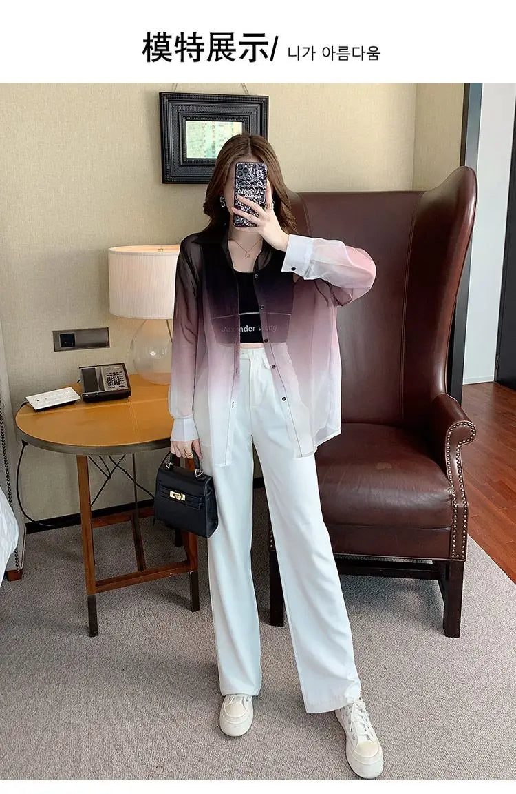 Shirts Women Gradient Loose Leisure Summer Sunscreen Lapel Thin Soft Designed Breathable Korean Fashion Clothing Office Lady New