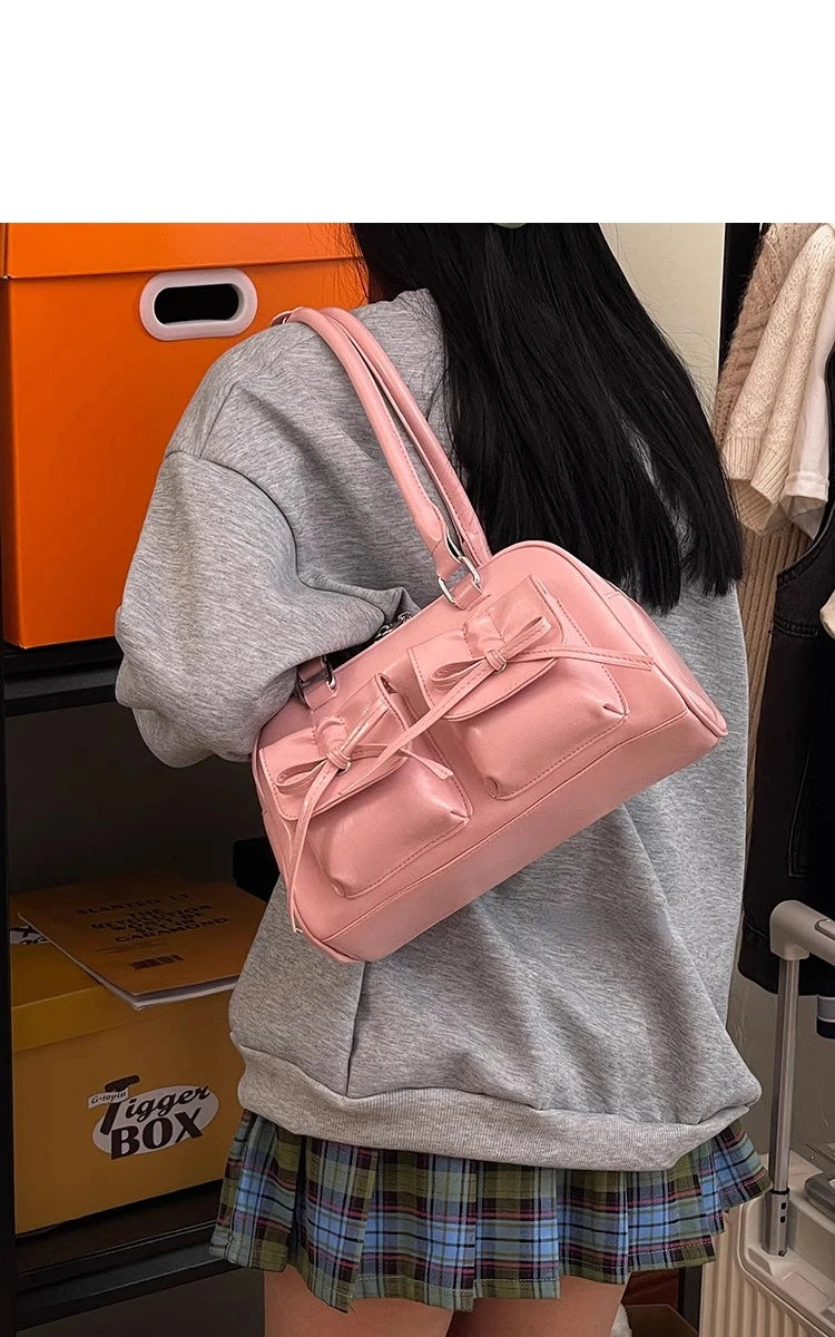Xiuya Silver Pleated Womens Shoulder Bag Elegant Gentle Korean Fashion Leather Handbag Bow Sweet New Simple Ladies Boston Bag
