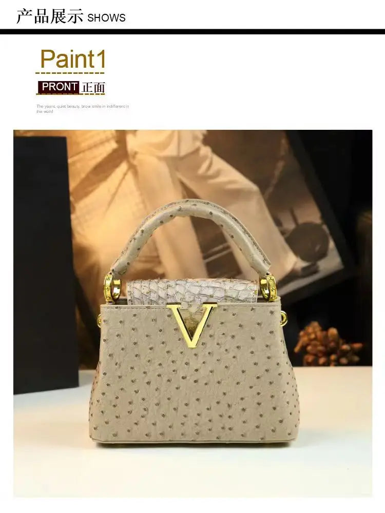 Fashion Luxury Leather Women's Handbags V Letter Small Shoulder Crossbody Bag Niche Ostrich Print Portable Messenger Shell Bags