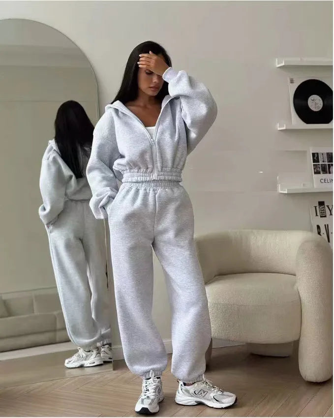 Autumn And Winter Fashionable Sports Style Women's Suit Two-piece Casual Belly Hooded Zipper Sweatshirt And Leggings Pants Suit
