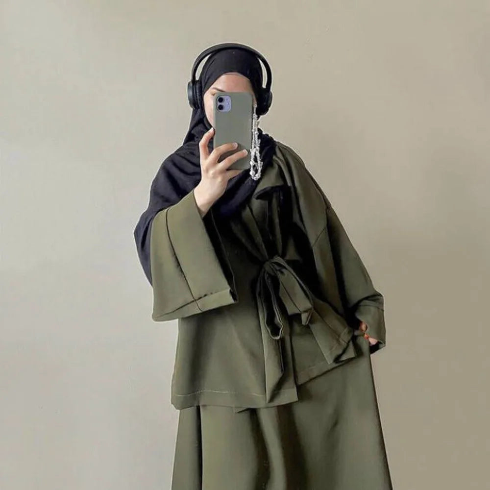 Eid Muslim Suit Modest Two Piece Women Lace Up Top Skirt Outfits Ramadan Morocco Dubai Abayas Ensemble Islam Arab Jalabiya