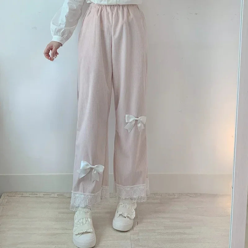 Pink Japanese Sweet Lolita Womens Kawaii High Waist Corduroy Pants Bow Lace Wide Leg Pants Y2k Clothes Casual Loose Cute Trouser