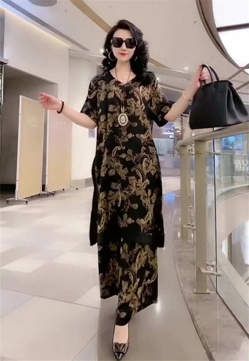 5XL Summer Sets Large Silk Wide Leg Trouser Set Women's Spring 2023 New Print Silk Fashion Slim Two Piece Set Female Elegant