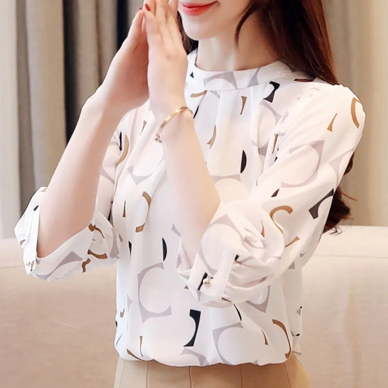 Fashion Women's Clothing Summer Printed Chiffon Blouse Casual Puff Half Sleeve Office Shirt Korean Stand Collar Tops Blusas 2480