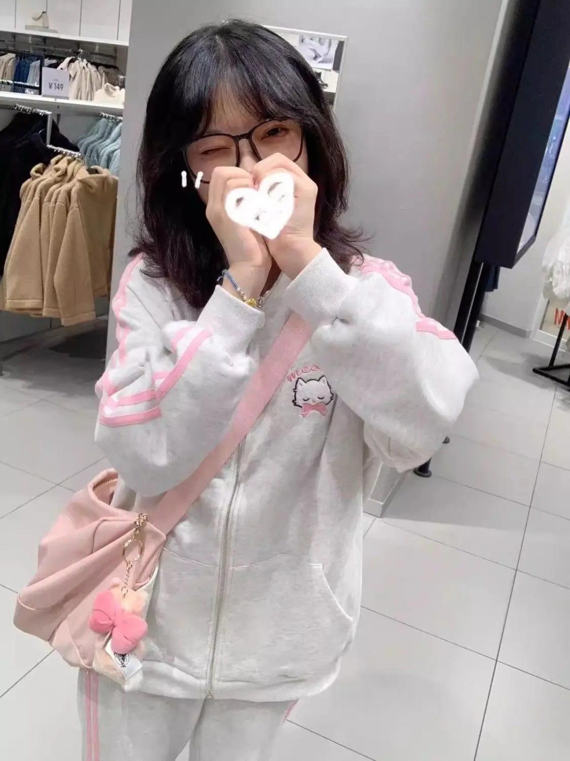 HOUZHOU Japanese Fashion Kawaii Zipper Hoodie Women Harajuku Cute Pink Cat Embroidery Oversized Hooded Sweatshirt Winter 2023