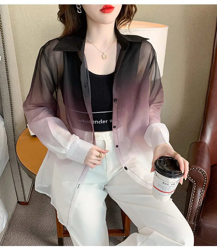 Shirts Women Gradient Loose Leisure Summer Sunscreen Lapel Thin Soft Designed Breathable Korean Fashion Clothing Office Lady New