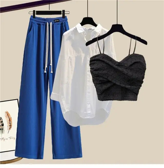 2023 Summer New Wide Free Casual Wide Leg Trousers White Shirt Wave Bra Vest Three Piece Elegant Women's Pants Set Tracksuit