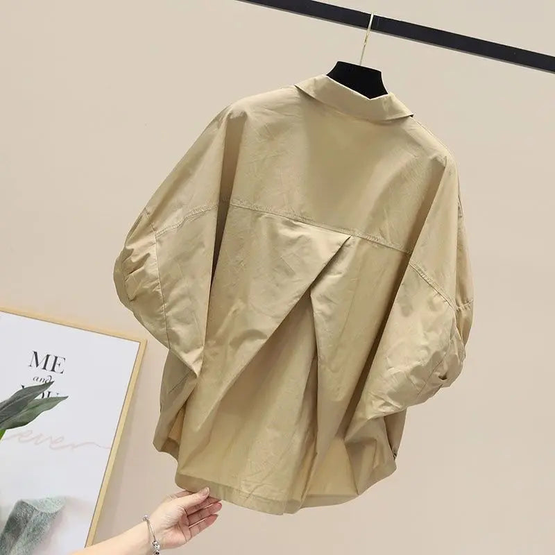 Summer New Bat Sleeve Pockets Shirt Women Loose Casual Short Sleeve Blouse Solid Lace Up Tops Half Shirts Lady High Street Trend