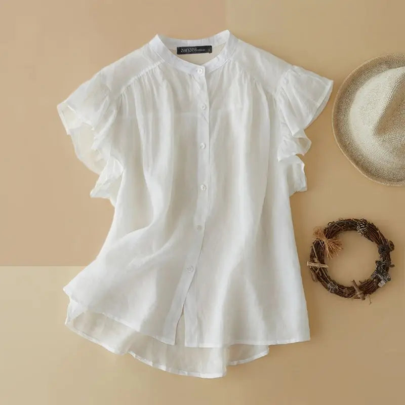 ZANZEA Women Sweety Blouse 2024 Summer White Ruffle Short Sleeve Tops Shirt Stand Collar Female Party Tunic Luxury Chic Blusas