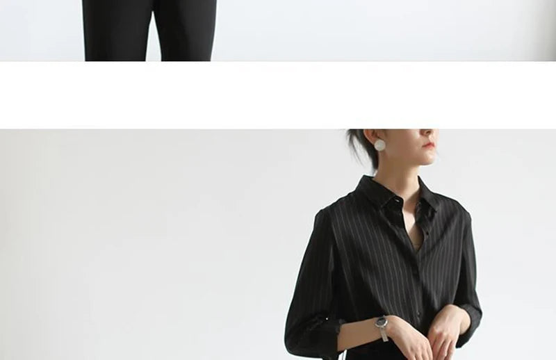 MEXZT Vintage Black Striped Shirts Women Office Long Sleeve Loose Casual Blouses Lady Korean Fashion Elegant Chic All Match Tops