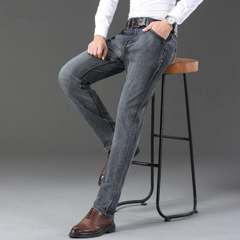 20234 Brand Men's Stretch Loose Straight Fit Jeans Men's Business Casual Denim Pants Brand New Style Trousers Mens Wear Grey