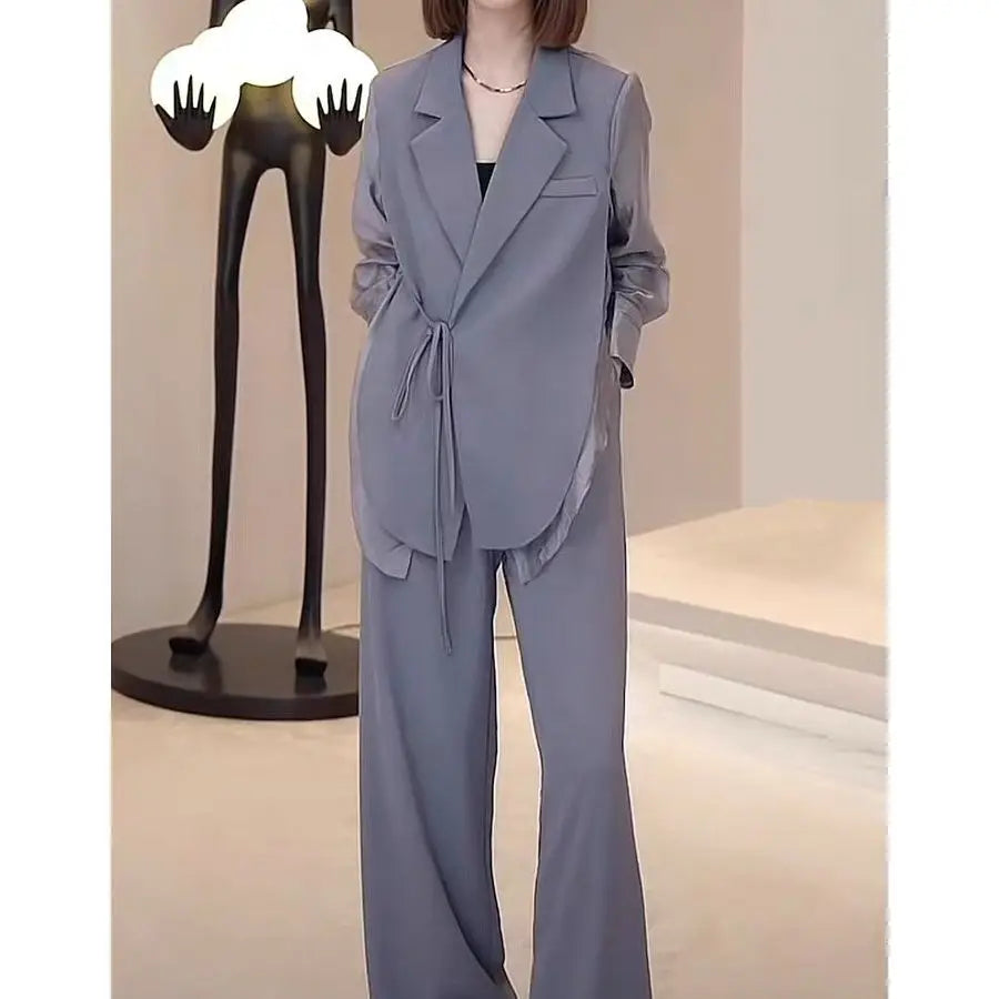 Summer New Hollow Sun Protection Chiffon Shirt Blazer Wide Leg Pants Two Piece Set Elegant Women's Pants Set Office Outfits