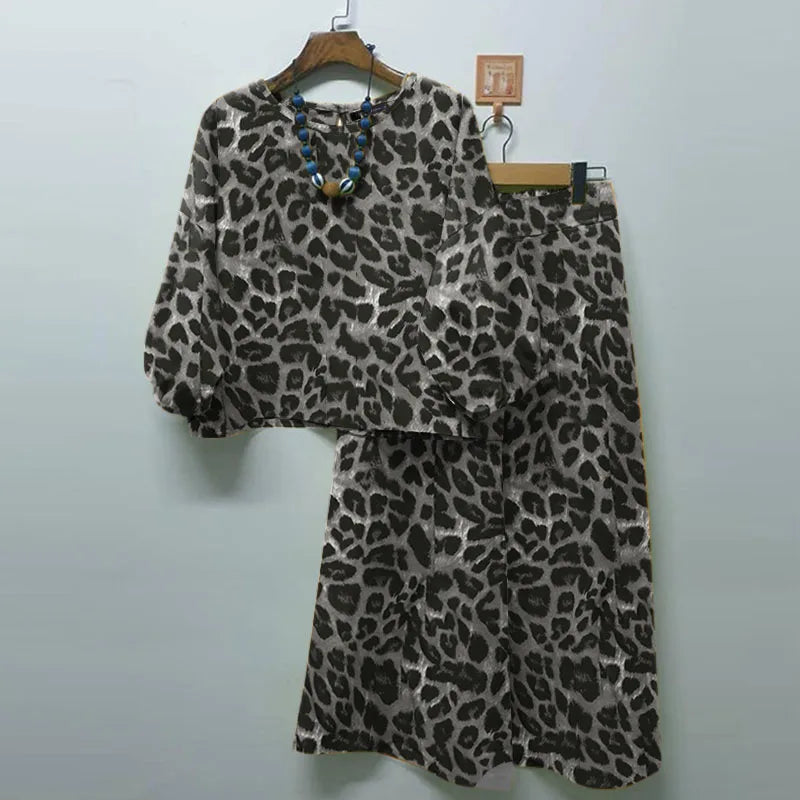 ZANZEA Spring Leopard Printed Matching Sets 3/4 Sleeve O-Neck Blouse Casual Trousers 2PCS Woman Fashion Party Suit Oversized