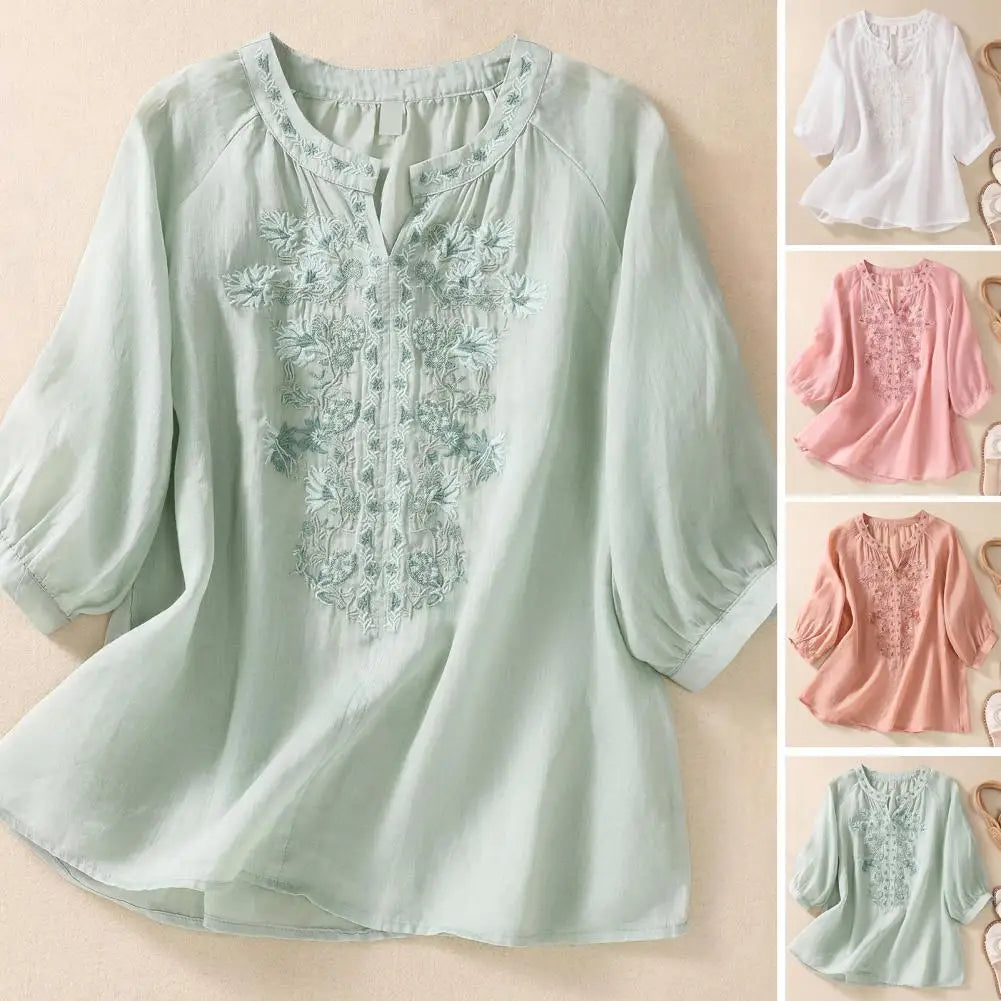 Cotton Linen Flower Embroidery Shirt Women Three Quarter Sleeves V Neck Casual Blouse Loose Solid Color Mother Blouse Women Top