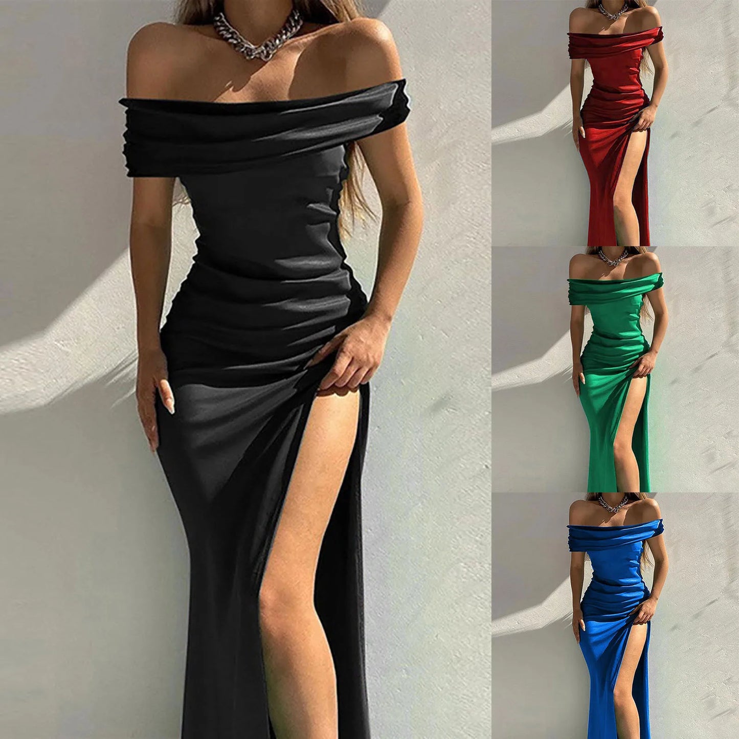 Elegant Party Dresses For Women Solid Color High Slit Off Shoulder Long Dresses Sexy Formal Satin Ruffle Maxi Prom Dress