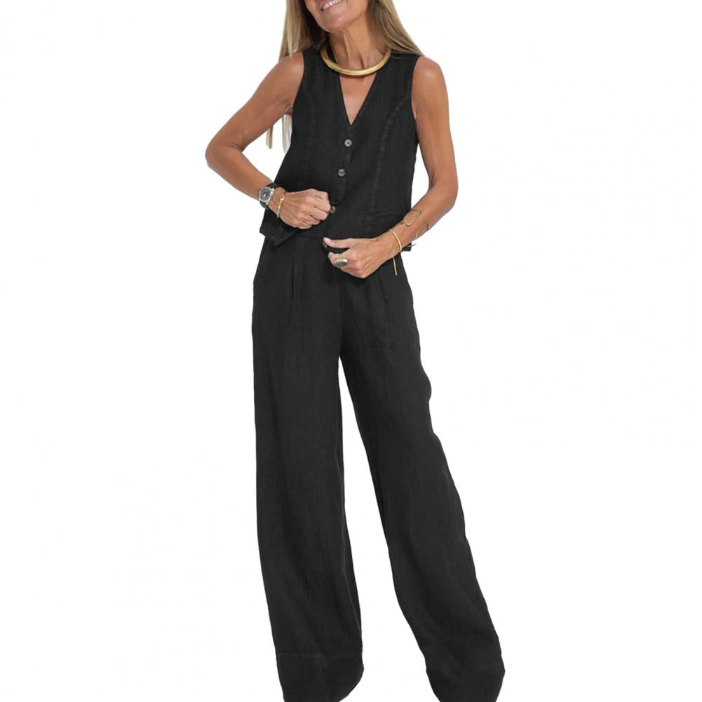 2 Piece Suit for Women Autumn Winter Suit Set Stylish Women's Cotton Linen Suit Sleeveless Vest Wide Leg Pants Set for Office