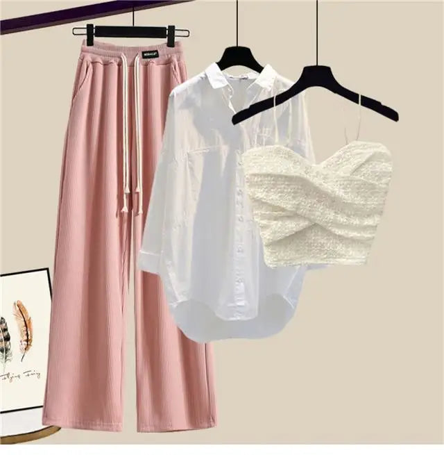 2023 Summer New Wide Free Casual Wide Leg Trousers White Shirt Wave Bra Vest Three Piece Elegant Women's Pants Set Tracksuit