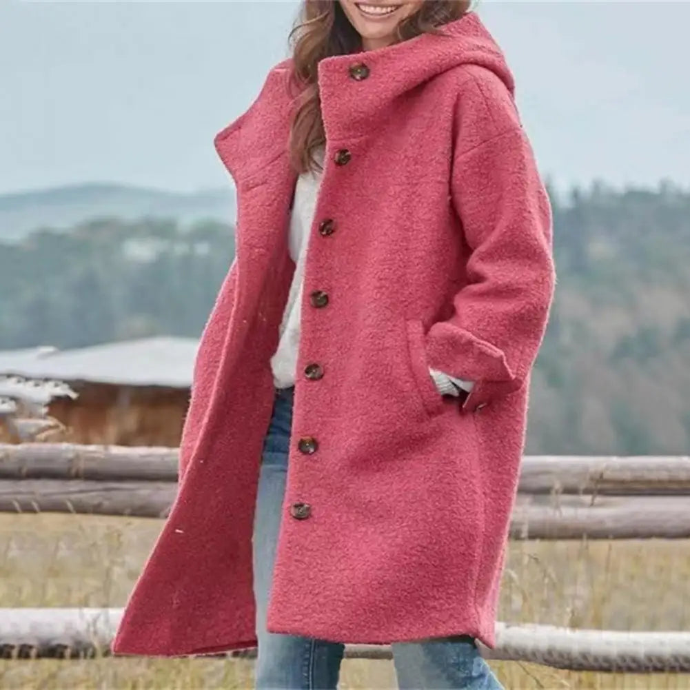 Mid-length Women Jacket Woolen Fabric Jacket Stylish Women's Hooded Overcoat with Pockets Warm Windproof Mid for Fall for Daily