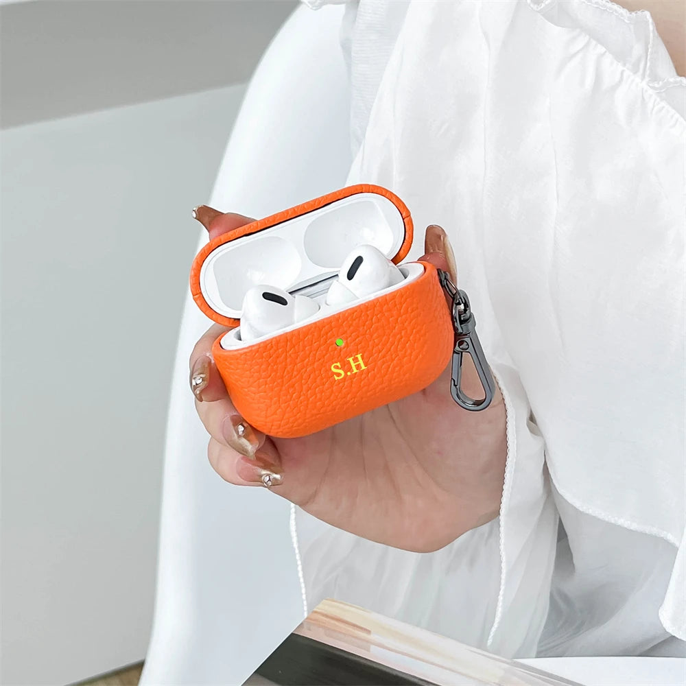 Personalized Initials Letters Customize Earphone DIY Case For Airpods 1 2 3 Pro 2 Luxury Lychee Skin Pattern With Keychain Cover