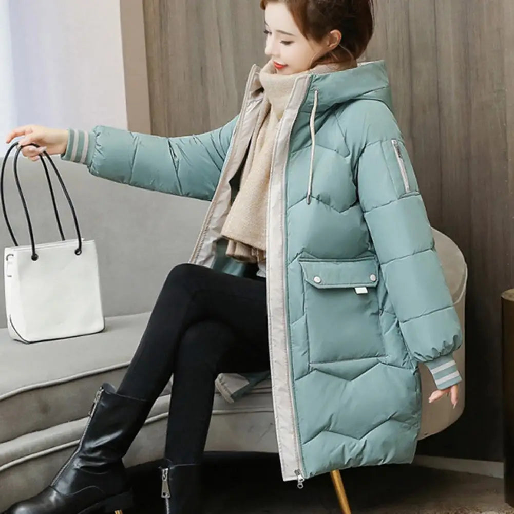 Winter Women Coat Cotton Padded Long Sleeve Hooded Overcoat Thickened Loose Zipper Mid Length Outwear Jacket Streetwear Parkas