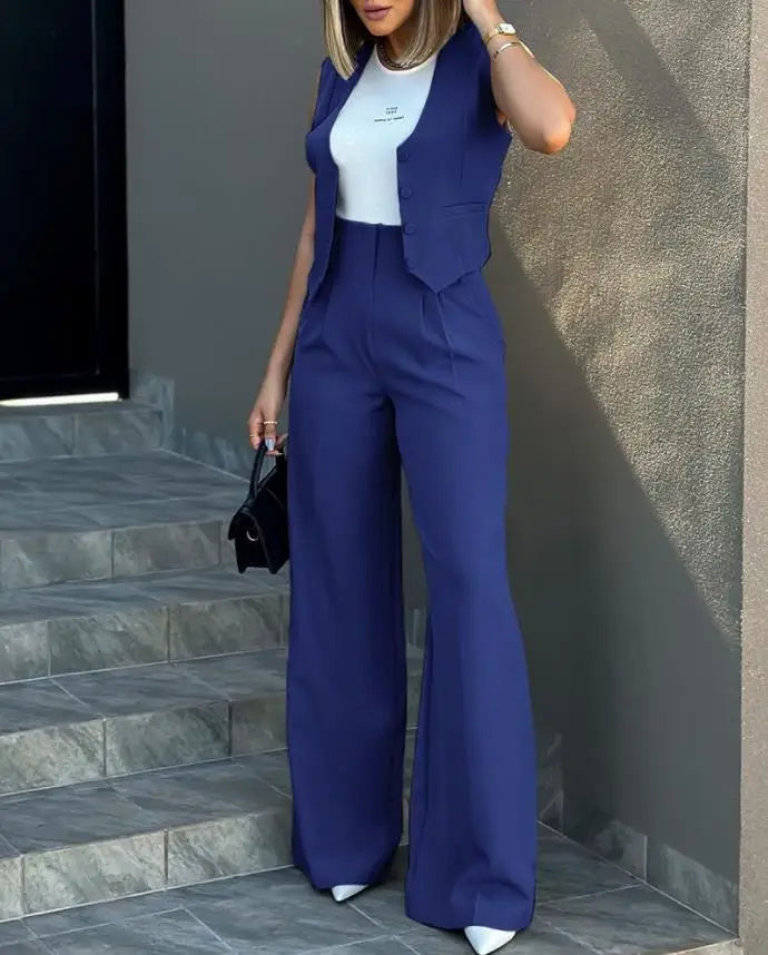 New 2024 Women's Summer Casual 2PCS Pants Sets Solid Vest +Pants Sets Elegant High Waist Wide Leg Outfits Women Matching Sets