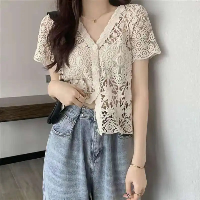 Sheer Crochet Top Button Front V-Neck Short Sleeve Open-knit Embroidery Blouse Women Summer Boho Vacation Outfit