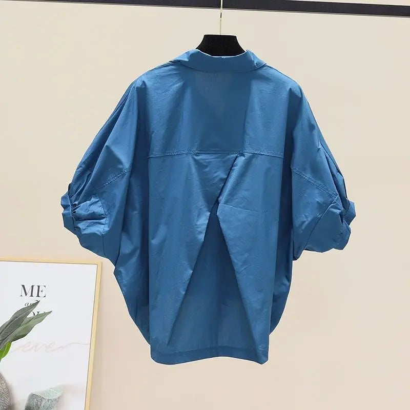 Summer New Bat Sleeve Pockets Shirt Women Loose Casual Short Sleeve Blouse Solid Lace Up Tops Half Shirts Lady High Street Trend