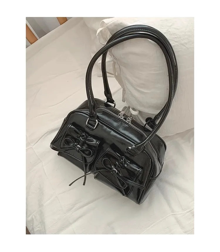 Xiuya Silver Pleated Womens Shoulder Bag Elegant Gentle Korean Fashion Leather Handbag Bow Sweet New Simple Ladies Boston Bag