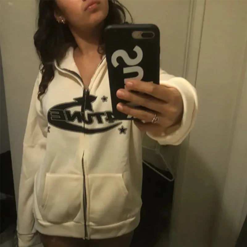 2023 Autumn and Winter Harajuku Hooded Coat Y2k Street Girl Boy Thicken Jacket Top Funny Star Pattern Pullover Hoodie