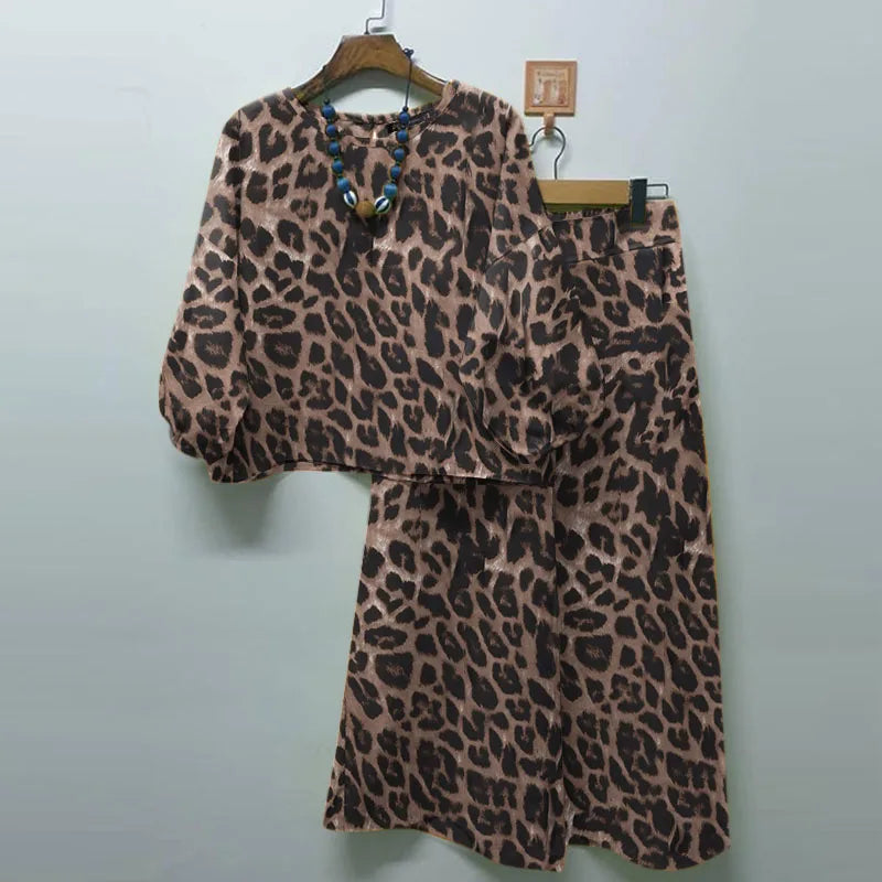 ZANZEA Spring Leopard Printed Matching Sets 3/4 Sleeve O-Neck Blouse Casual Trousers 2PCS Woman Fashion Party Suit Oversized