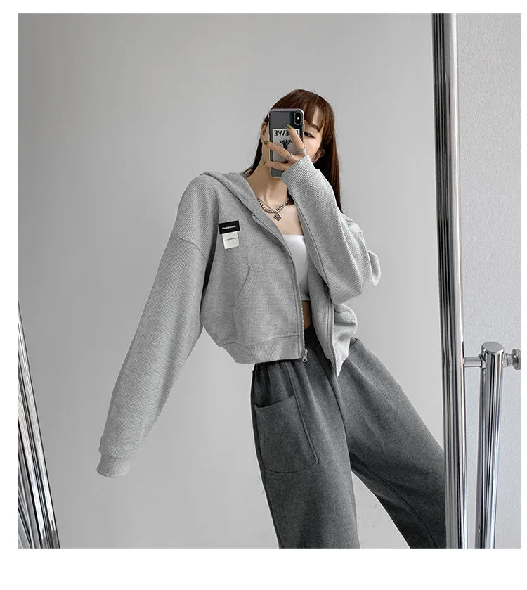 Harajuku Women Sweatshirts Korean Fashion Sportswear Female Zip Up Hoodies Vintage Streetwear Basic Casual Cropped Top Autumn