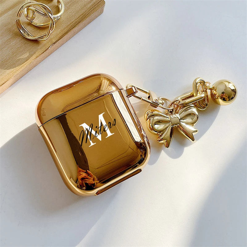 Luxury Gold Plating Earphone Case For Airpods 2 Pro Personalized Letters Logo Customized With Bow Keychain Soft Protective Cover