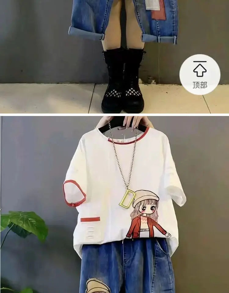 Age Reduction Suit Women's 2023 New Spring and Summer Slim Short Sleeve Top Casual Jeans Elegant Women's Two-piece Set